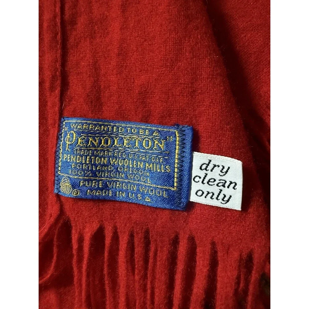 Vintage Pendleton Red Virgin Wool Fringe Scarf Made in USA Solid Winter Unisex